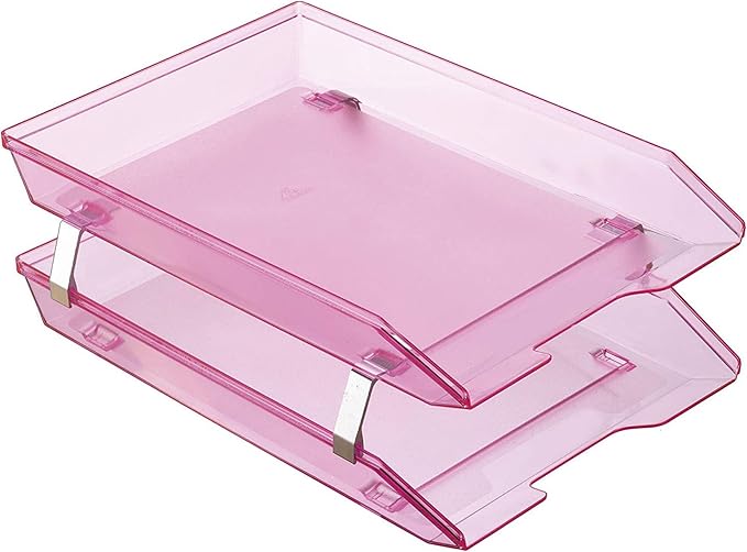 Acrimet Facility 2 Tier Letter Tray, Front Load, Letter Size/A4, Desktop File Organizer, Plastic (Clear Pink Color)-NeatNest