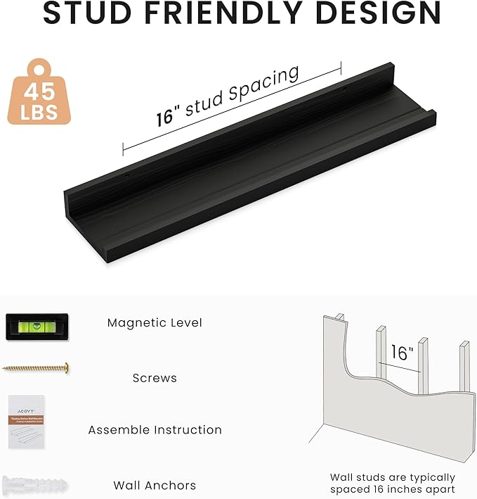 Floating Shelves for Wall, 24 inch Solid Wood Picture Ledge Shelf, Picture Shelf for Wall with Ledge, Floating Book Shelves for Living Room Bedroom Kitchen Nursery Decor, Black, Set of 2-NeatNest