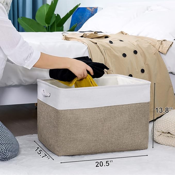 TheWarmHome Organization Basket - 20x16x14 inch Jumbo 3 Pack Collapsible Storage Bins for Shelves, Fabric Storage Cubes for Closet Organizer Gift Toy (White & Khaki)-NeatNest