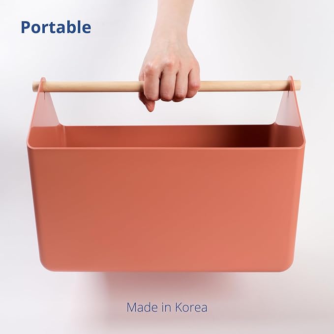 BLUE GINKGO Large Storage Basket – Plastic Caddy with Wooden Handle for Bathroom, Pantry, or Cleaning Supplies (Terracotta)-NeatNest