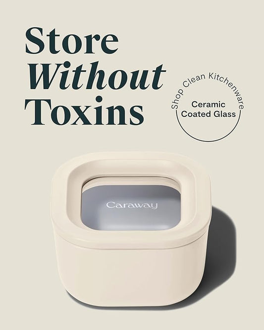 Caraway Mini Square Food Storage Container - 1.75 Cup Glass Storage Container for Food - Non-Toxic Ceramic-Coated Glass - Air Release Technology - Compact & Stackable Design - Cream-NeatNest