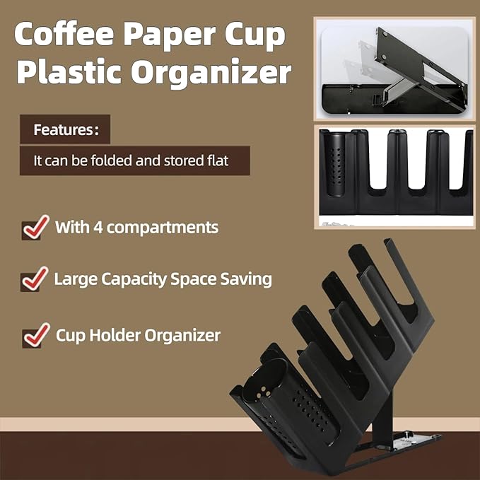 Cup Holder and Lid Dispenser with Straw Storage, Disposable Coffee Paper Cup Plastic Organizer, 7 Adjusting & 4 Compartment, for Cafe Station Bar Kitchen Restaurant Office Home Countertop, Adjustable-NeatNest