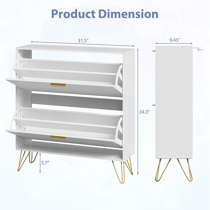 Shoe Cabinet with 2 Flip Drawers, Shoe Storage Cabinet Entryway Slim, White and Gold Narrow Shoe Cabinet w/Metal Legs, Hidden Freestanding Shoe Rack Organizer for Entryway, White-NeatNest