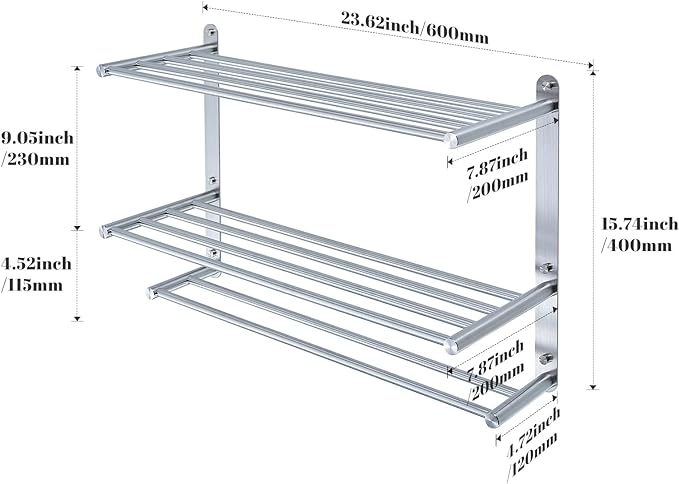 Bathroom Towel Rack with 24-Inch Multilayer Hotel Racks 304 Stainless Steel Towel Bar Shelf Wall-Mounted Brushed Finish Bar withTowel Shelves,3-Tier Bar Mounted
