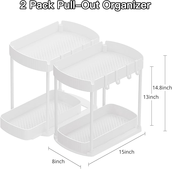 2 Pack Multi-Purpose Pull-Out Storage Organizers, Under Sink Organizers and Storage for Bathroom & Kitchen, Under Cabinet Organizers and storage, 14.8 Inch, White-NeatNest