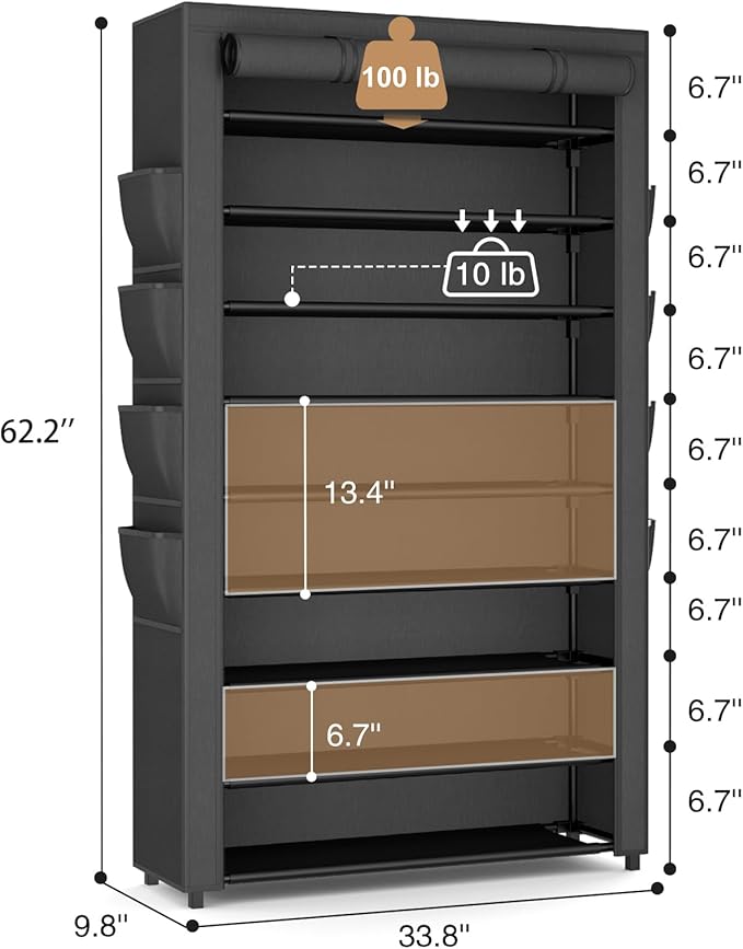 Shoe Rack with Cover, 10 Tier Shoe Organizer Storage for 40-50 Pairs Sneaker and Boots, Large Capacity, with 8 Pockets, Free Standing Tall Shoe Rack for Front Door Entrance, Closet-NeatNest