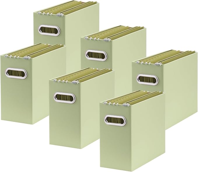 Oterri File Organizer, 6 Packs Small Storage Box, Cardboard File Folder Organizer, Collapsible File Box for Hanging File Folders Letter Size, Portable Filing Organizer with Handle(Green)