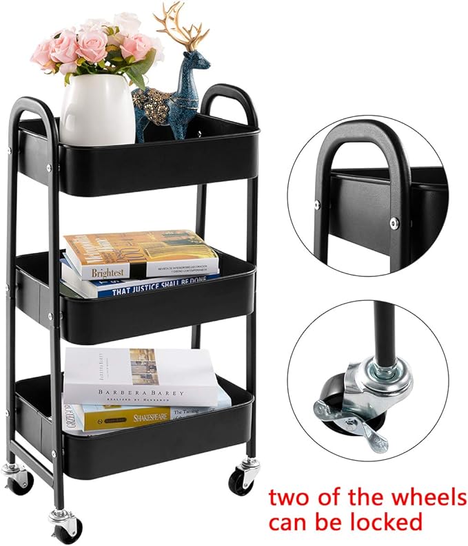 AGTEK Makeup Cart, Movable Rolling Organizer Cart, Black 3 Tier Metal Utility Cart-NeatNest