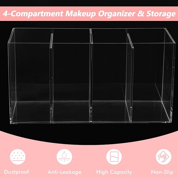 2 Pack 4 Compartment Acrylic Makeup Organizer and Storage with Lid Bathroom Storage with 4 Tray Eyelash Mascara Brushes Organizer Brush Holder for Cosmetics, Cotton Balls or Office Supplies-NeatNest
