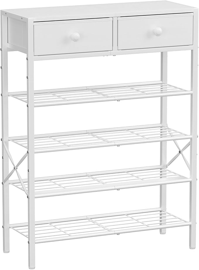 Shoe Rack for Entryway, 5 Tier Shoe Organizer with 2 Non-Woven Drawers, Metal Storage Shoe Shelf for 16-20 Pairs of Shoes, with Wooden Top and Steel Frame, Shoe Stand for Closet Greige-NeatNest