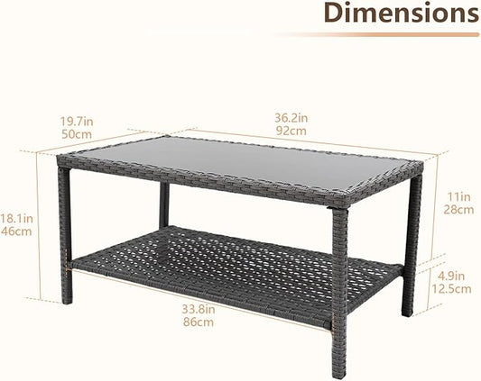 C-Hopetree Small Outdoor Coffee Side End Table for Outside Patio Storage, Gray All Weather Wicker with Glass Top, Rectangle-NeatNest