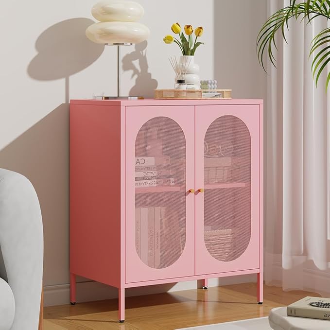 2 Door Metal Mesh Storage Cabinet with 1 Adjustable Shelves-Steel Locker Cabinet for Living Room, Bedroom, Hallway, Office Room, Home, Hotel, Kitchen, Garage, 2-Tier (Mesh Door, Pink)