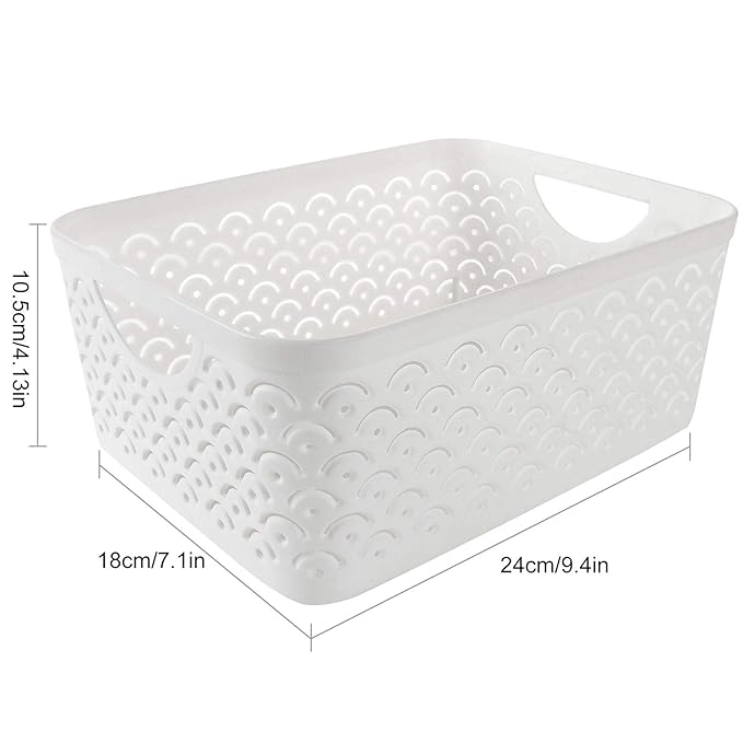 5 Pack Plastic Storage Baskets, Portable White Fish Scale Pattern Hollow Desktop Storage Bin Box with Handle for Kitchen, Bathroom, Kids Room or Nursery Storage – 9.4 x 7.1 x 4.1 inches