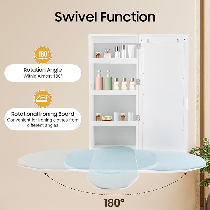 Ironing Board Cabinet Wall Mounted Storage Cabinet, Foldable Ironing Storage Station with Mirror, Built-in Rotating Ironing Board with Storage
