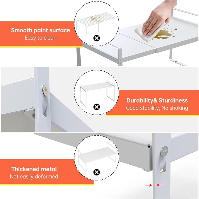 Adjustable Kitchen Shelf Organizer 9", (2 Pack) Heavy-Duty Cabinet Shelves for Countertop, Pantry & Microwave, Expandable Space-Saving Storage Rack with Non-Slip Pads, White-NeatNest