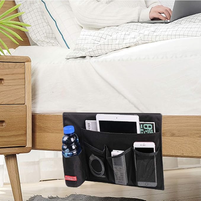 Bedside Caddy,5 Pockets Bedside Organizer Caddy Under Mattress,Holds Water Bottles,Magazines,Books (Black)-NeatNest