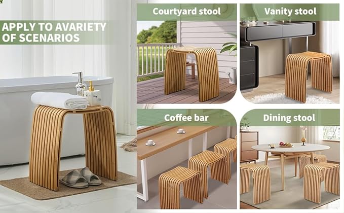 Bamboo Bathroom and Dining Stool, Bamboo Bench, Durable and Beautiful Designed for Bathroom Room, Dining Room, Living Room and Bedroom,