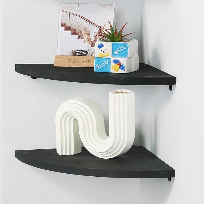 Corner Wall Shelves Set of 2, Rustic Wood Corner Floating Shelves with Cable Raceway, Wall Mount Storage Display for TV Accessories, Baby Monitor (Black, Fan-shaped-10 Inch)-NeatNest