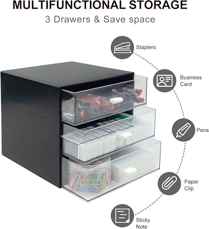 Desk Organizer with Drawer, Desk Storage Box, Plastic Office Stationery Supplies Organizers, Desktop Organizer for Office School Home (3 drawer, Black)-NeatNest