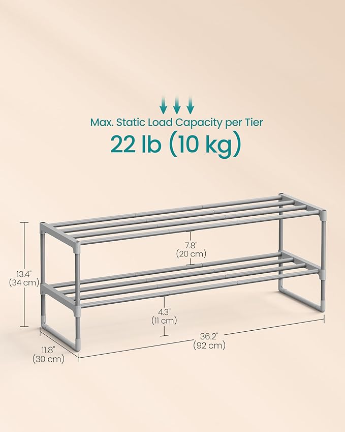 SONGMICS Shoe Rack, 2-Tier Shoe Organizer, Metal Storage Shelf, Upright or Upside Down, for 12-15 Pairs, Stackable, for Entryway, 11.8 x 36.2 x 13.4 Inches, Gray ULSA012G01-NeatNest