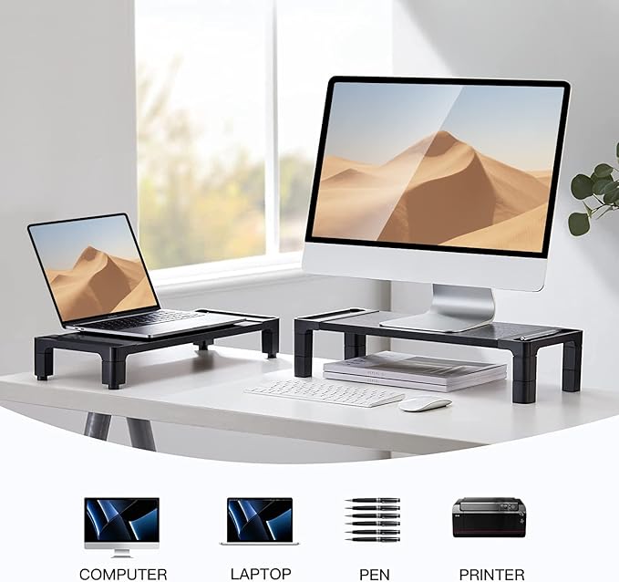 HUANUO Monitor Stand Computer Riser, Monitor Stand for Desk with Adjustable Height and 2 Platforms, Ergonomic Computer Riser, Monitor Riser for Laptops and Monitors, HNMS04