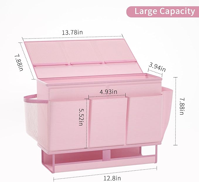 Bedside Caddy Bedside Organizer,Bed Caddy with 11 Pockets and Power Strip Holder,Versatile Bedside Storage Caddy for Home,Dorm,Bunk,Hospital,Crib Bed (Pink)-NeatNest