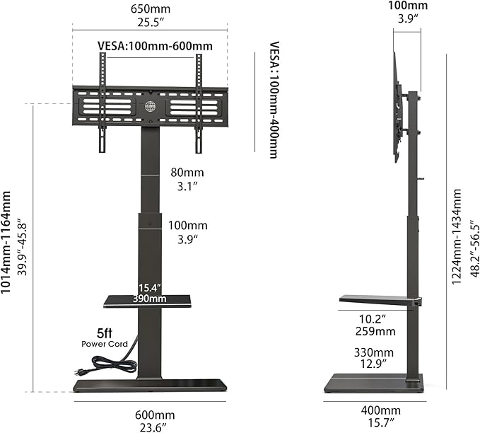 FITUEYES Floor TV Stand for 32-75 inch TV with Power Outlet, Tall TV Stand for Bedroom Living Room with Tempered Glass Base, Floor TV Mount Holds Up to 88lbs MAX VESA 600x400mm,Black-NeatNest