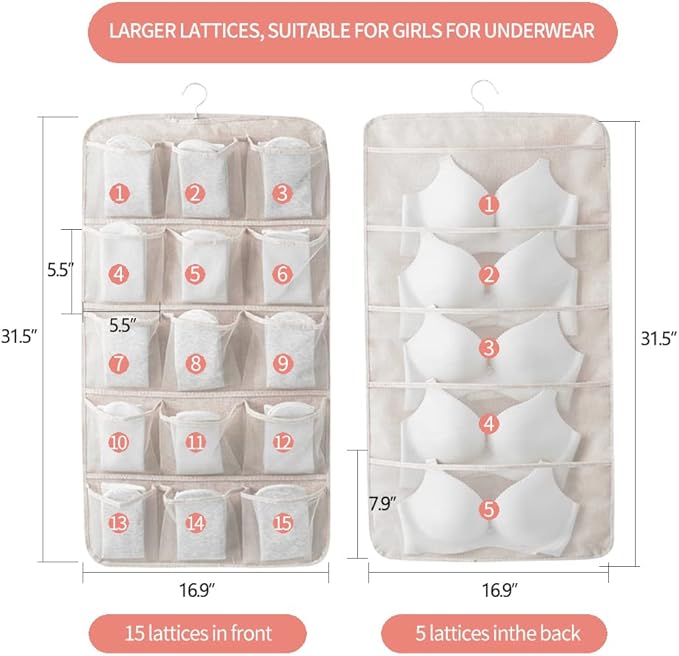Enlarged Closet Hanging Bra Organizer with Rotating Metal Hanger, Dual Sided Wall Shelf Wardrobe Mesh Pockets Hanging Storage Bag for Bra Socks Underwear Underpants-NeatNest