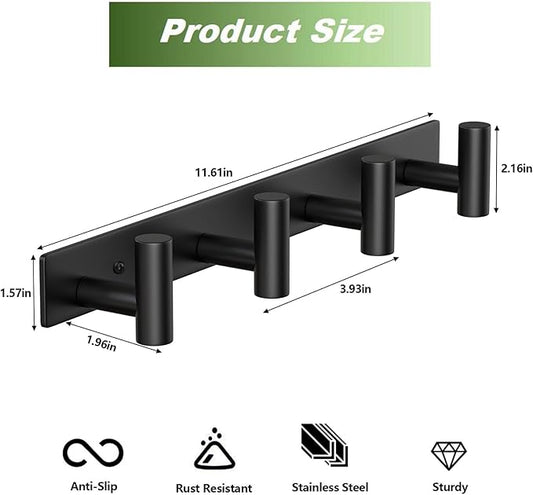 Coat Rack Wall Mounted with 4 Hooks, Wall Hooks for Hanging Towel Coat Hat Bag, Heavy Duty, Metal Hat Rack Coat Hanger Towel Hooks Coat Hooks for Entryway Bathroom Kitchen (Black, 2 Packs)-NeatNest