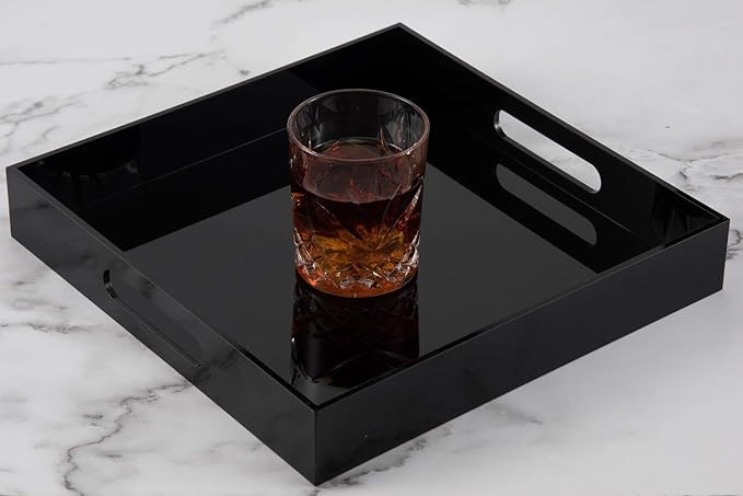 Glossy Black Sturdy Acrylic Serving Tray with Handles-10x10Inch-Serving Coffee,Food,Breakfast,Butler-Kitchen Countertop Tray-Makeup Drawer Organizer-Vanity Table,Ottoman Tray-Decorative Tray-NeatNest