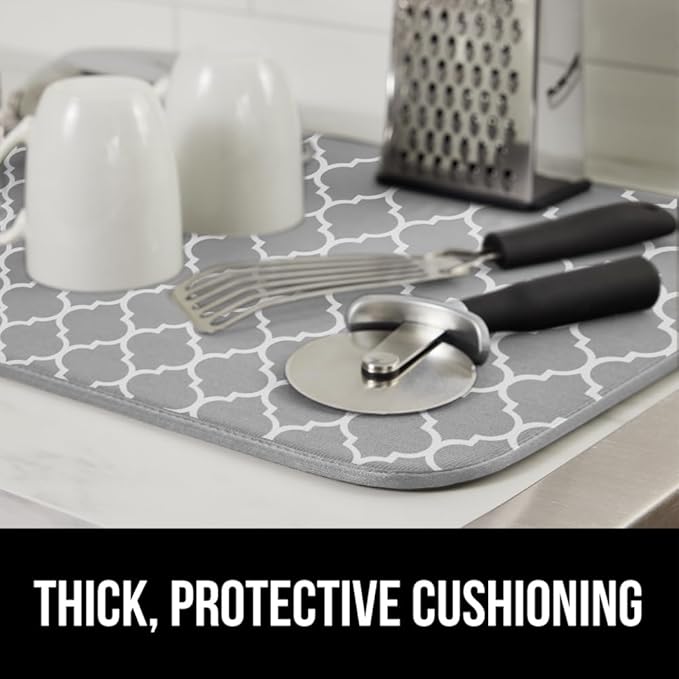 GORILLA GRIP Ultra Water Absorbent Microfiber Dish Drying Mat, Quick Dry Thick Mesh, Slip Resistant Pad for Sink Dishes or Under Rack, Kitchen Counter Accessories, 16x18, Machine Wash Mats, Quatrefoil
