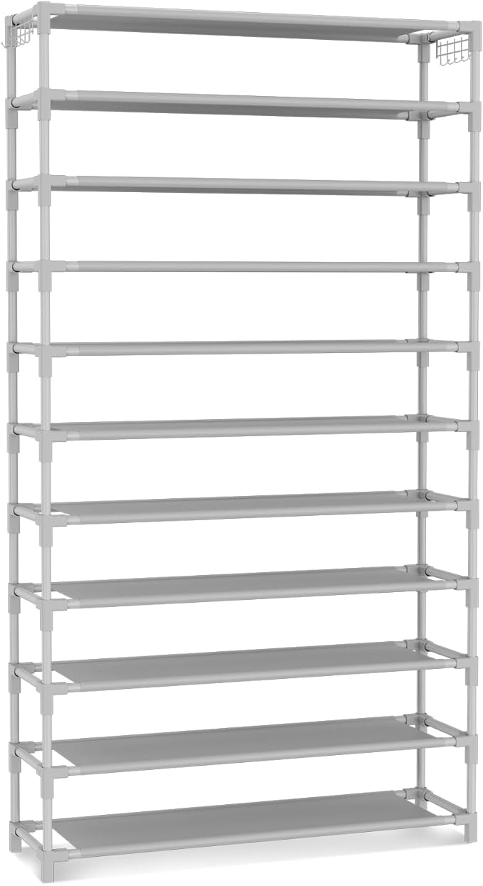 11 Tiers Tall Wide Shoe Rack 55 Pairs Large Capacity Sturdy Durable Shoe Rack for Closet Metal Shoe Organizer Shelf with Two Hooks Space Saving for Entryway Grey-NeatNest