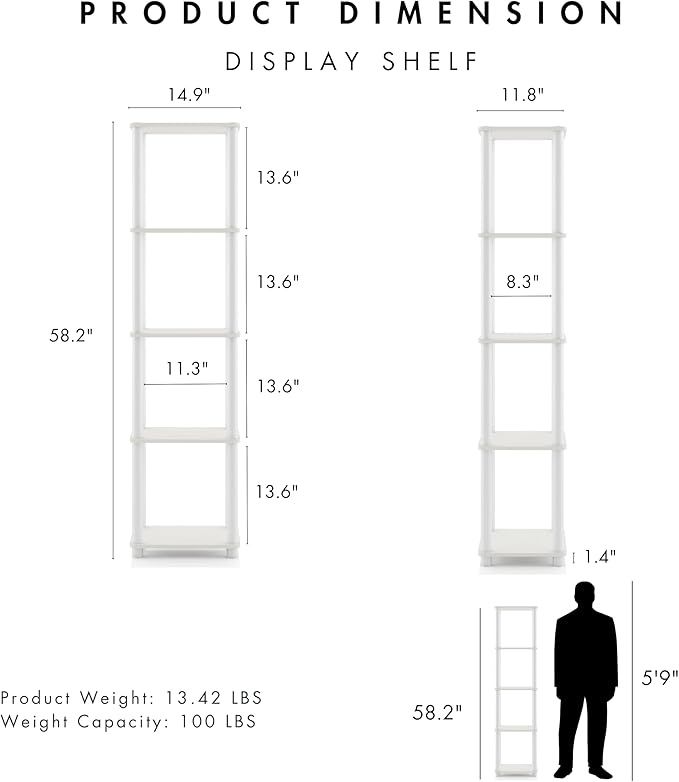 HOMES: Inside + Out Apexa Modern 5-Tier Narrow Shelving Units, Collectibles Display Shelves, Easy Assembly Standing Shelf, Home Storage Organizer for Living Room, Bedroom, Office, White