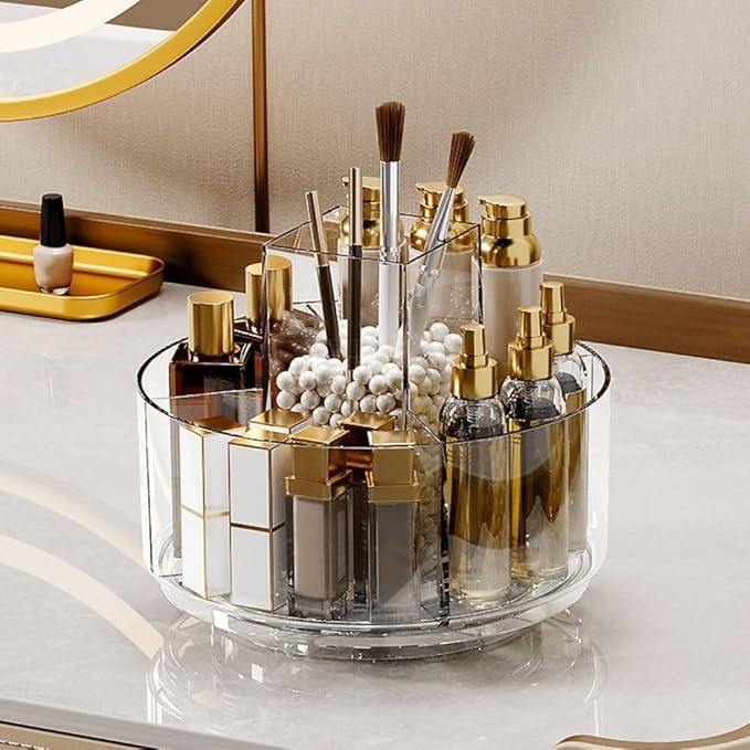 LINFIDITE 360 Rotating Makeup Organizer Clear Cosmetic Storage Holder Tray with 6 Compartment Makeup Brush Lip Gloss Organizer Case for Bathroom Cabinet Vanity Desktop-NeatNest