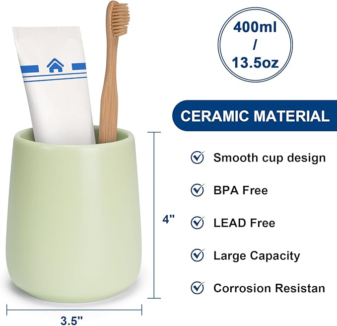 Bathroom Tumbler Cup Ceramic 13.5oz Reusable Toothbrush Cup 400ml,Toothbrush Holder Adequate for Your Bathroom (Green)