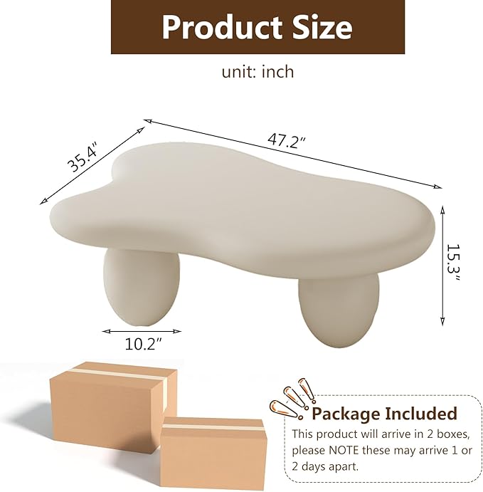 Cream White Cloud Shaped Coffee Table Modern Cloud Coffee Table for Living Room Irregular Cute Center Table with Thicken Round Edge And 3 Legs Low Coffee Table for Bedroom,Cloud c white 47.2"-NeatNest