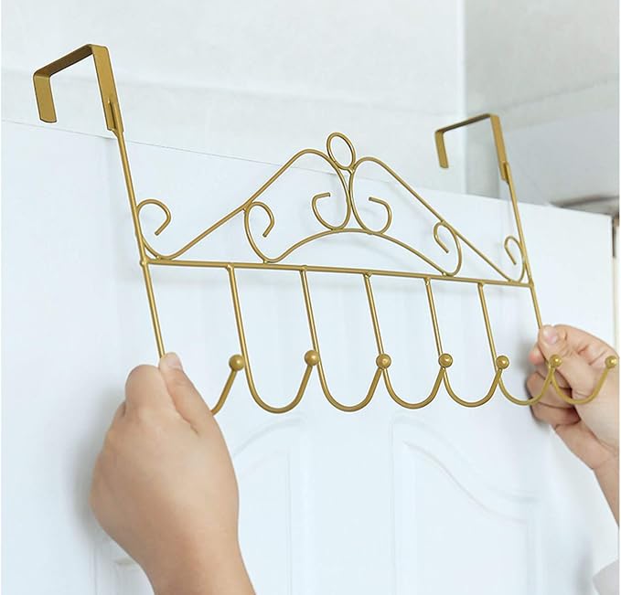 eywlwaar Gold Over The Door Hooks 7 Hanger Rack Heavy Decorative Metal Rack for Home Use Hats Coats Key Bag Clothes Scarfs Hooks (Golden)-NeatNest