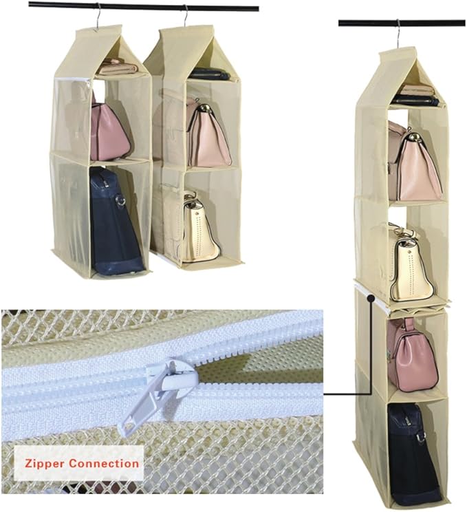 Detachable 4 Compartment Pouch Hanging Handbag Organizer Clear Purse Bag Storage Holder Wardrobe Closet Space Saving Organizers System for Living Room Bedroom(Pack of 2 Beige)-NeatNest