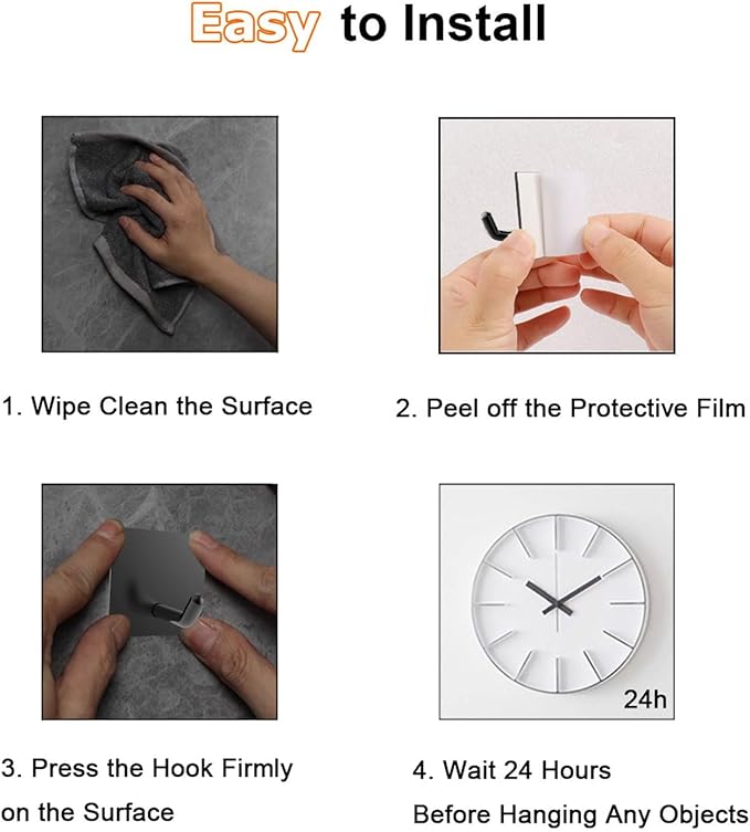 Adhesive Towel Hooks for Bathrooms, 8 Piece Towel Hooks for Hanging Hat Robe Coat, Stick on Hooks for Kitchens, Strong Self-Adhesive No Damage Sticky Hook, Black