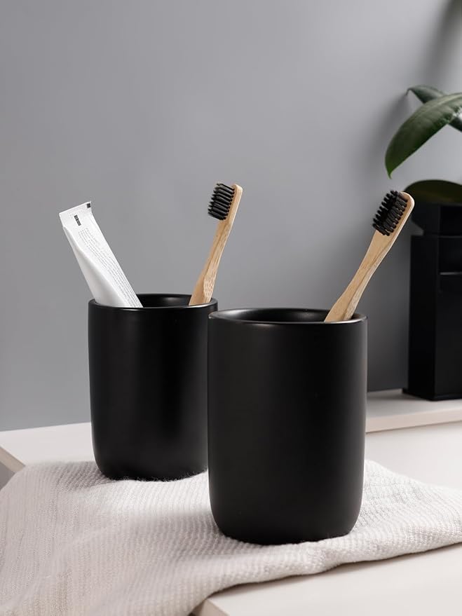 Bosilunlife Soap Dispenser and Toothbrush Holder Set - Dish Hand Soap Dispenser Bathroom Set Ceramic Bathroom Counter Soap Toothbrush Holder Set Black Bathroom Accessories Set-NeatNest