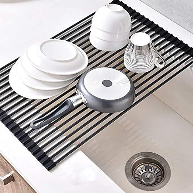 Ahyuan Large Roll up Dish Drying Rack Foldable Dish Rack Over Sink Dish Drainer Roll-up Sink Drying Rack Full Silicone Coated Stainless Still Dish Drying Rack (Matte Black, 20.5''X13.13'')