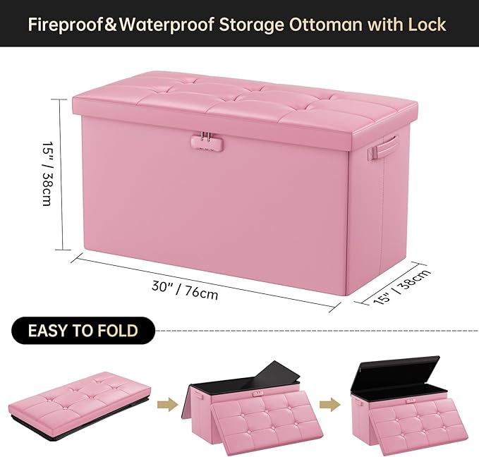 DocSafe Storage Ottoman Bench with Lock,Fireproof 30 Inches Folding Bench Foot Rest Stool Storage Chest Safe for Living Room,Bedroom,Home Office,Waterproof Leather Ottoman with Handles,Pink-NeatNest