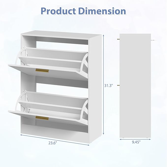 Shoe Cabinet with 2 Flip Drawers, White Shoe Cabinet Storage for Entryway, Modern Shoe Organizer Wood, Freestanding Small Thin Shoe Racks with Doors, White-NeatNest