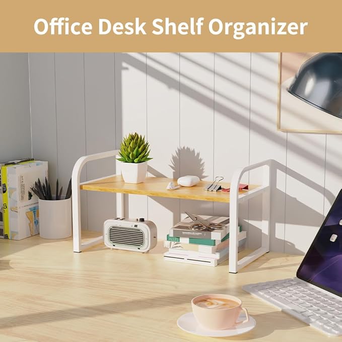 Office Desk Shelf Organizer, Wood Desktop Bookshelf Supplies Storage Rack Shelf for Top Desk and Dresser and Cubicle Decor Bookshelf Monitor Stand Riser (White Wood-single Tier, 11.81 Lx7.87 Wx8.46 H)-NeatNest