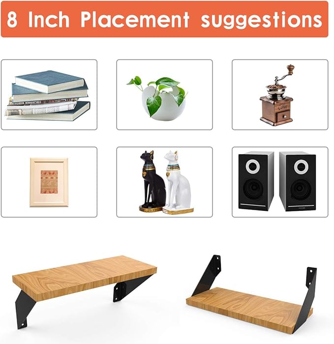 Heavy Duty Angle Shelf Brackets 8 Inch Anti-Rust Floating Shelves Support Brackets Decorative Shelf Brackets Industrial Rustic Farmhouse Flat Curved Black for 8-10 Inch Board( 4-Pack Hardware Only)-NeatNest