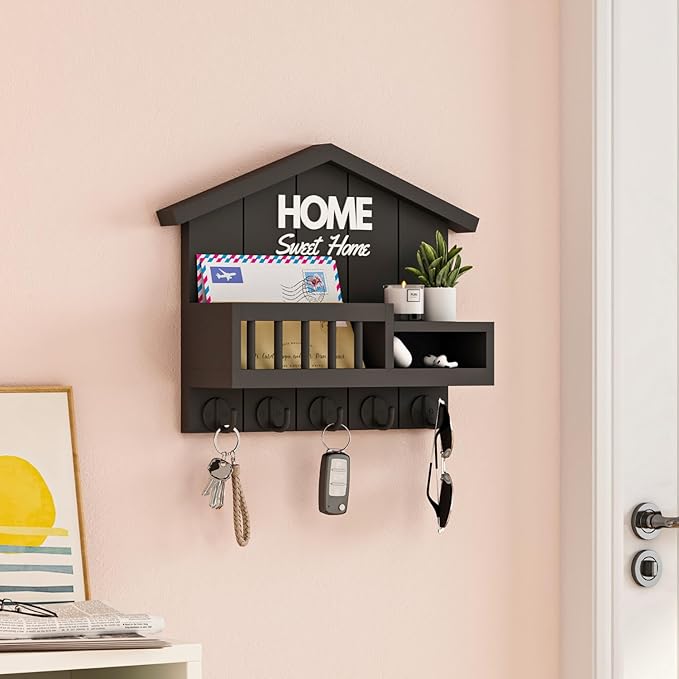 Key and Mail Holder for Wall, Wall Key Holder with Shelf, Home Key Holder for Wall, Wood Black Key Holder Wall Mount, Mail Organizer Wall Mounted, Entryway & Front Door Key Holder with 5 Hooks