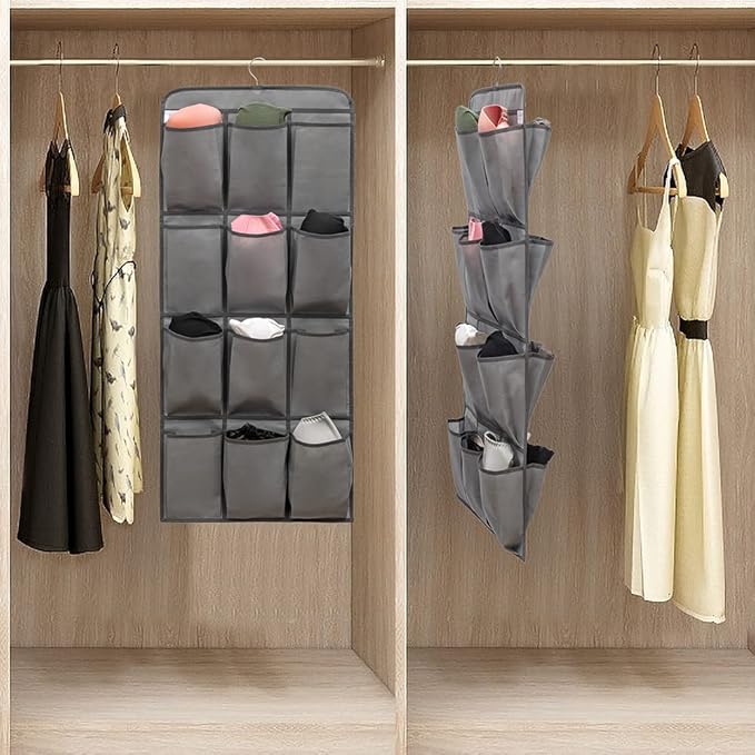 Dual Sided Hanging Shoe Organizer for Closet with 24 Large Pockets Hanging Shoe Rack Holder with Rotating Hanger (GREY)-NeatNest