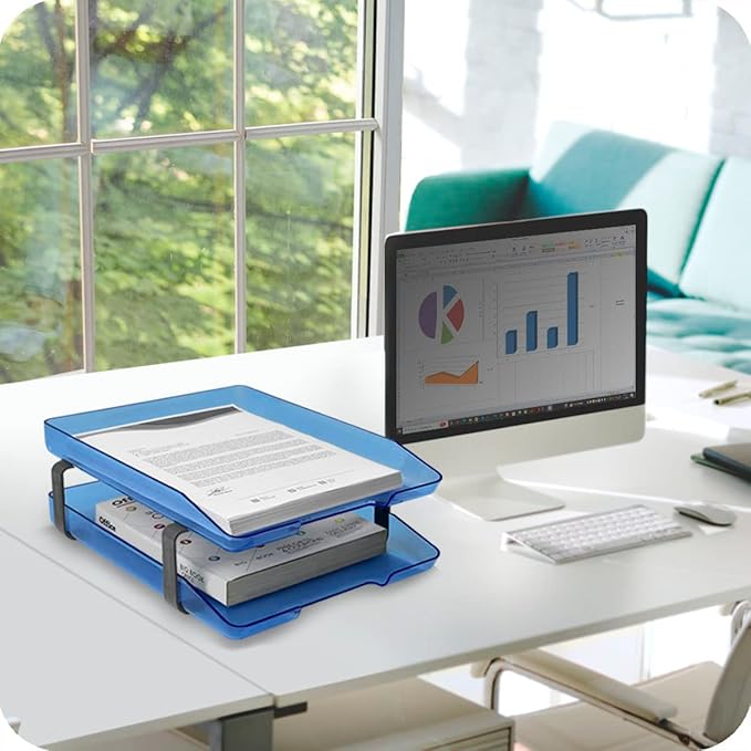 Acrimet Traditional 2 Tier Letter Tray, Front Load Design, A4 Letter Size, Desktop Organizer (Plastic) (Clear Blue Color)-NeatNest