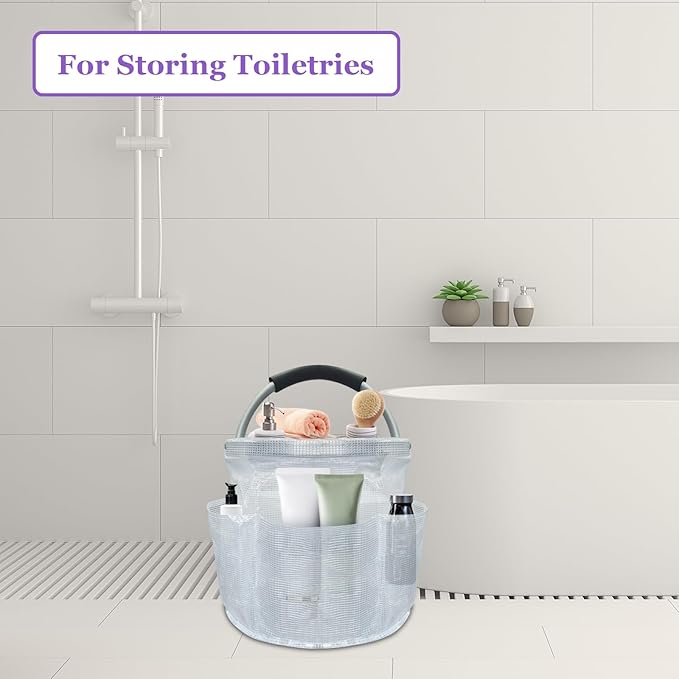 17L Portable Shower Caddy with Handle, Foldable Cleaning Supply Caddy in PVC Resin, Picnic Basket with 6 Side Pockets, Multifunctional Storage Basket for Bathroom, Picnics, Transparent-NeatNest