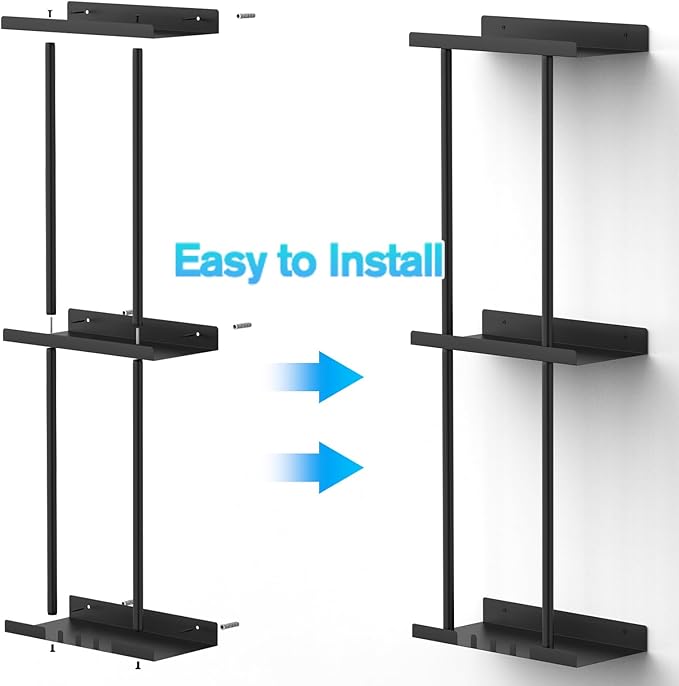 Towel Rack for Bathroom, Wall Mounted Vertical Rolled Towel Storage Organizer Holder with Shelf, Holds Up 6 Large Bath Sheets, Black Large Size